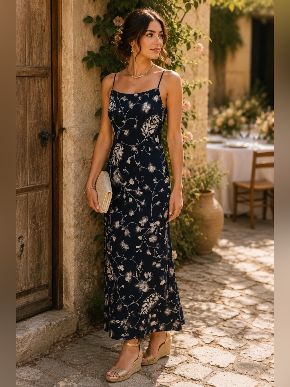 Harold’s Vintage 90s Floral Slip Dress Navy Rayon Maxi Autumn Wedding Guest 4